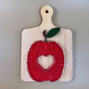 Handmade Apple String Art on Wooden Board – Rustic Wall Decor